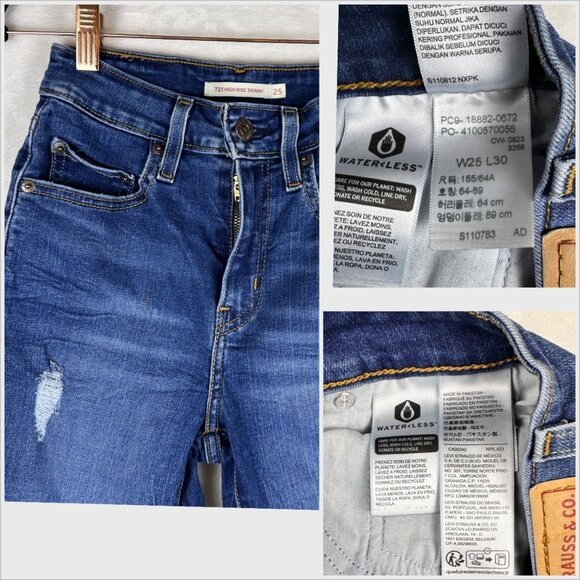 Levi’s Women’s Distressed Skinny Jeans Blue WaterLess W25 L30 High Rise Stretch - Picture 7 of 7